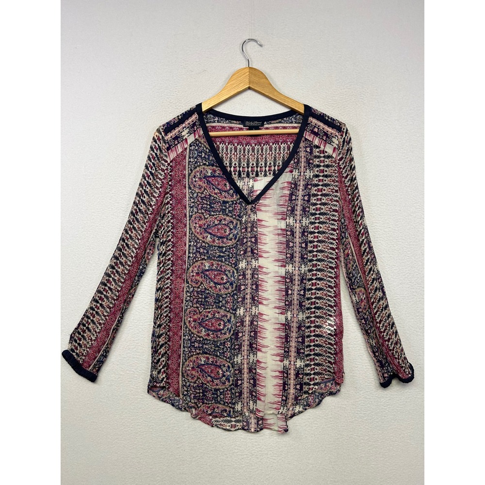 Boho Lucky Brand Womens Large Navy Burgundy Paisley  Long Sleeve Blouse Artsy